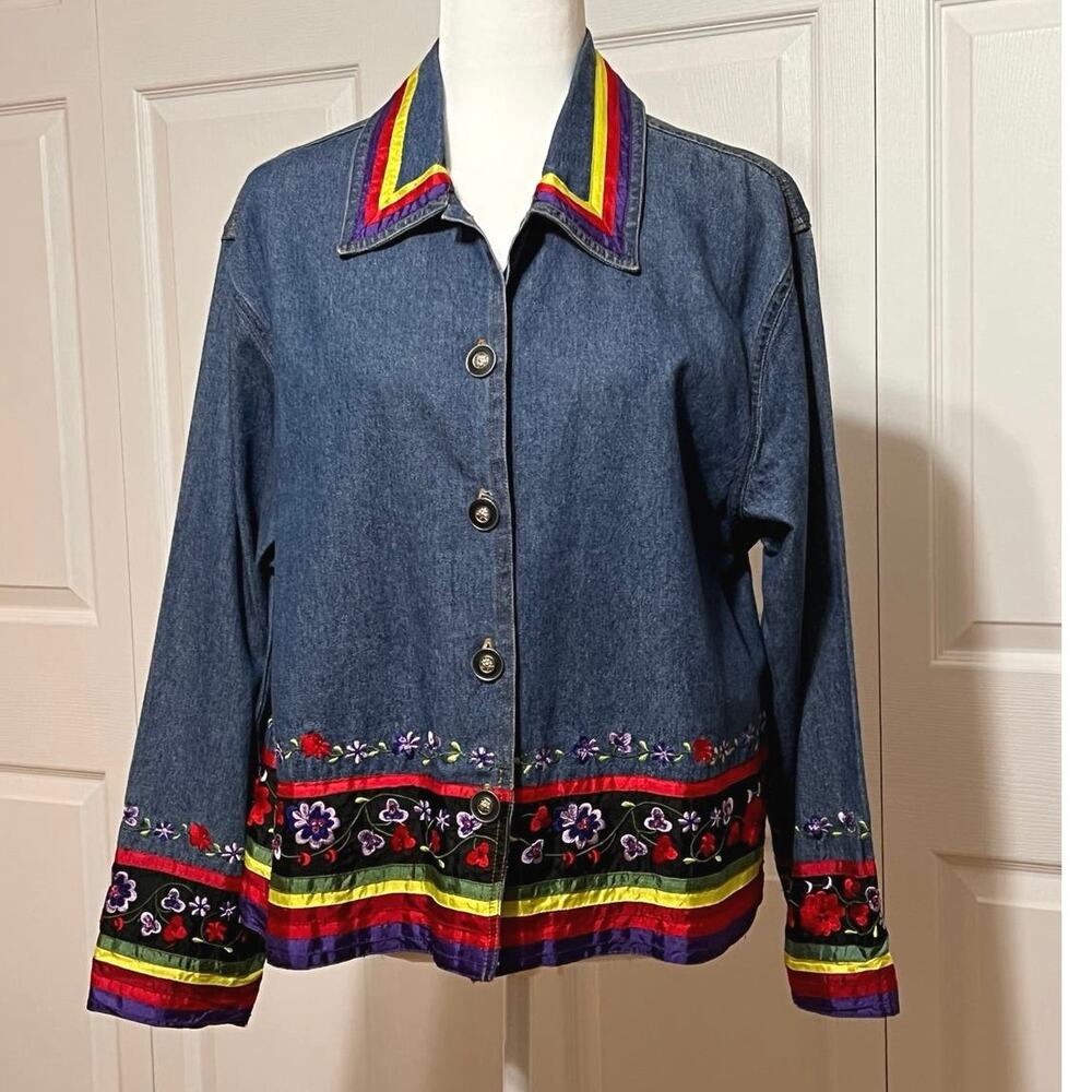 VTG 90s Tantrum Blues women’s Petite Large denim jacket embroidery, ribbons,